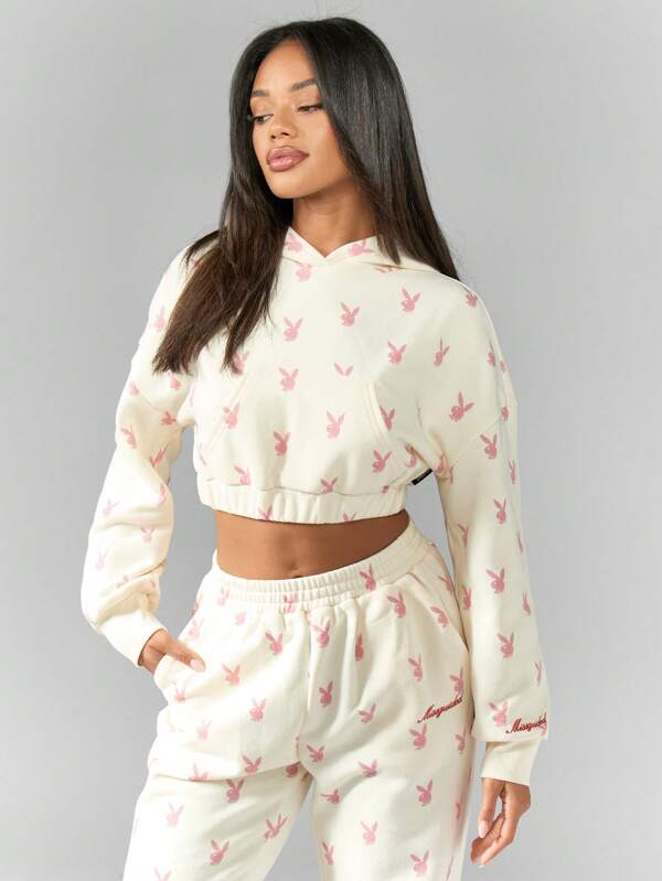 Missguided X Playboy MISSGUIDED Casual Athletic Cropped Hoodie Sweatshirt Long Sleeve