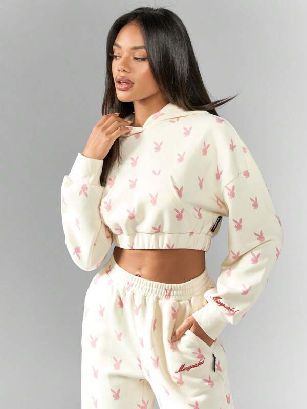 Missguided x Playboy MISSGUIDED Casual Athletic Cropped Hoodie Sweatshirt Long Sleeve