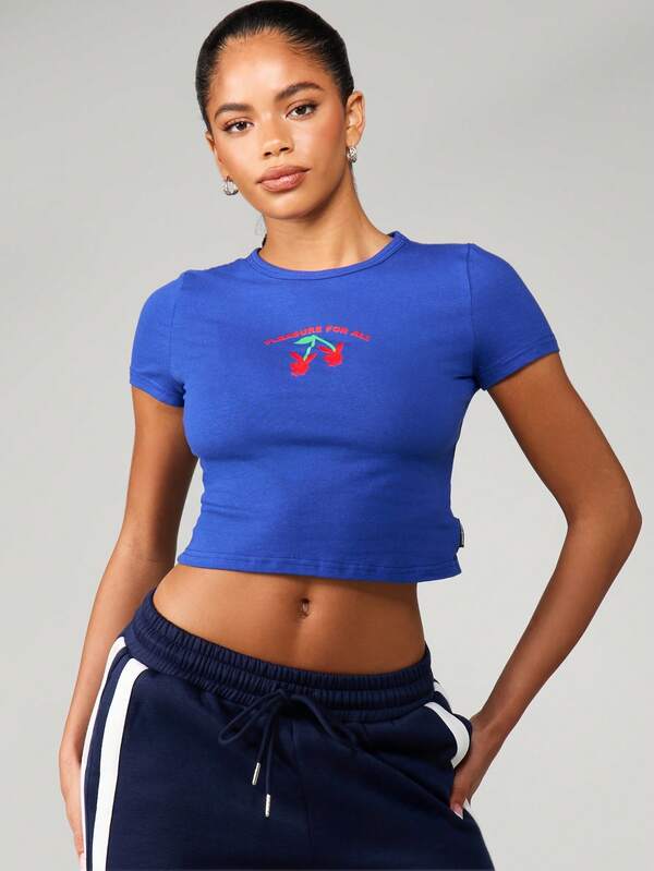 Missguided x Playboy MISSGUIDED Cherry Print Fitted Baby Tee With Cropped Design