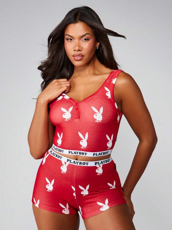 Missguided x Playboy MISSGUIDED Christmas Bunny Print Cami Top With Booty Shorts