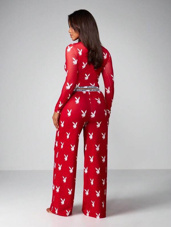 Missguided X Playboy MISSGUIDED Christmas Red Long Sleeve Pajama Set With Bunny Print