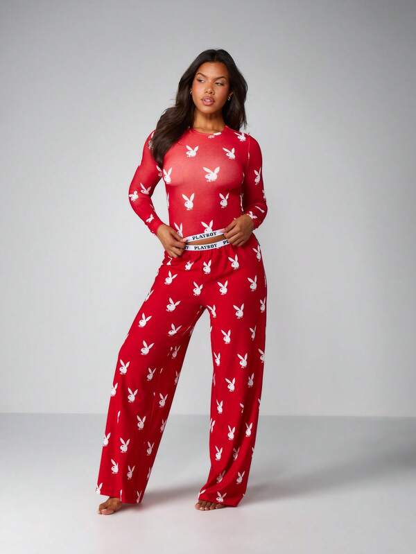 Missguided x Playboy MISSGUIDED Christmas Red Long Sleeve Pajama Set With Bunny Print