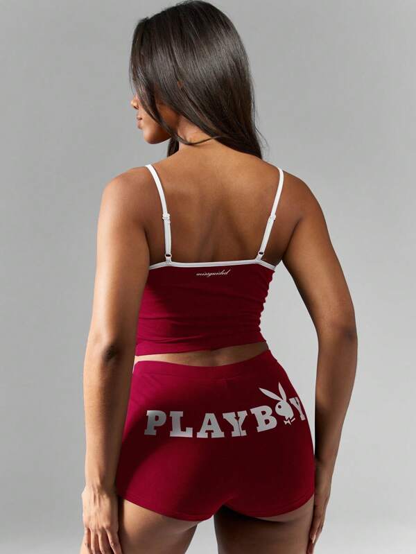 Missguided X Playboy MISSGUIDED Crop Tank And Booty Shorts Two Piece Activewear Set