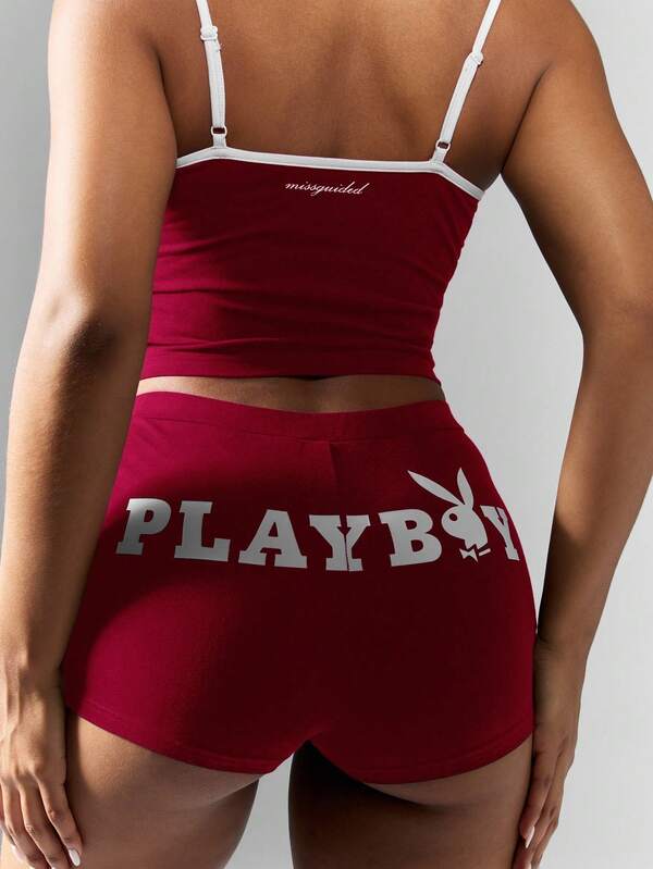 Missguided X Playboy MISSGUIDED Crop Tank And Booty Shorts Two Piece Activewear Set