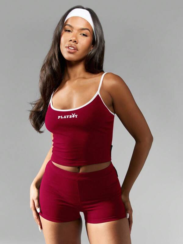 Missguided x Playboy MISSGUIDED Crop Tank And Booty Shorts Two Piece Activewear Set