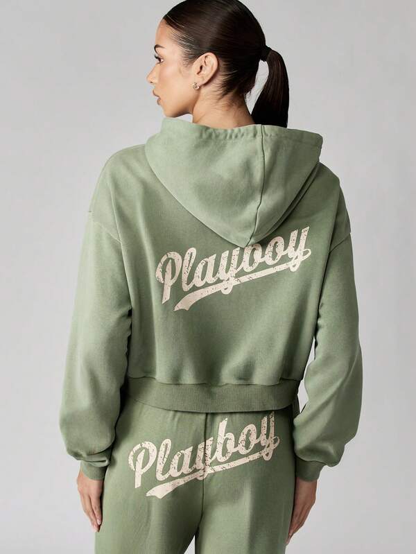 Missguided X Playboy MISSGUIDED Cropped Zip Through Hoodie With Vintage Washed Finish