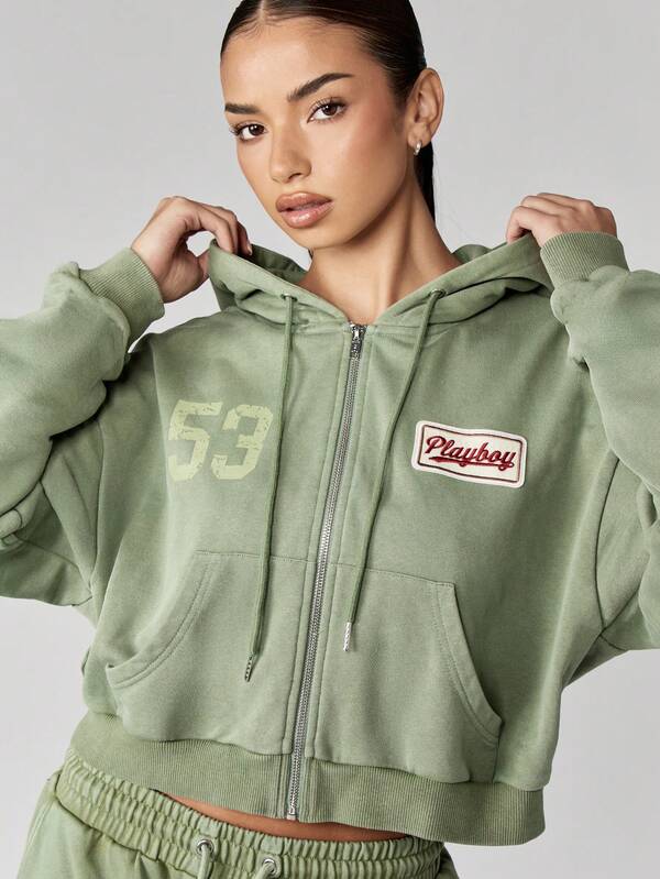 Missguided X Playboy MISSGUIDED Cropped Zip Through Hoodie With Vintage Washed Finish