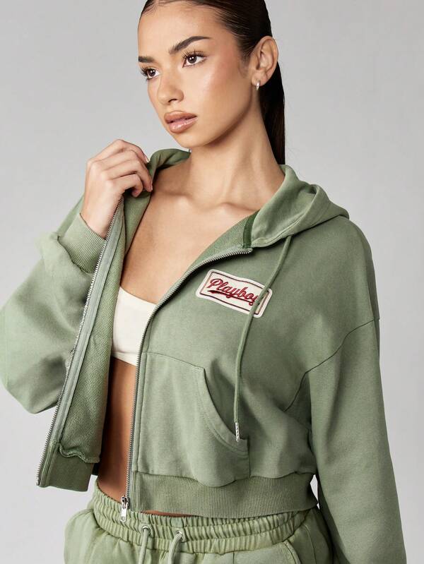 Missguided x Playboy MISSGUIDED Cropped Zip Through Hoodie With Vintage Washed Finish