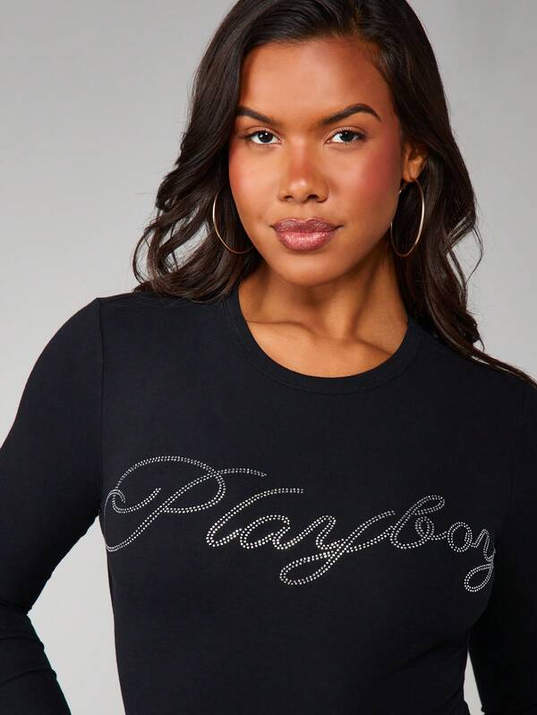 Missguided X Playboy MISSGUIDED Fitted Diamante Script Long Sleeve Top