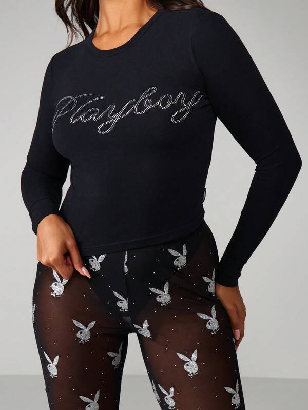 Missguided x Playboy MISSGUIDED Fitted Diamante Script Long Sleeve Top