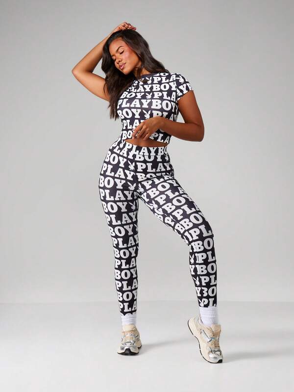 Missguided X Playboy MISSGUIDED High Rise Leggings With All Over Print