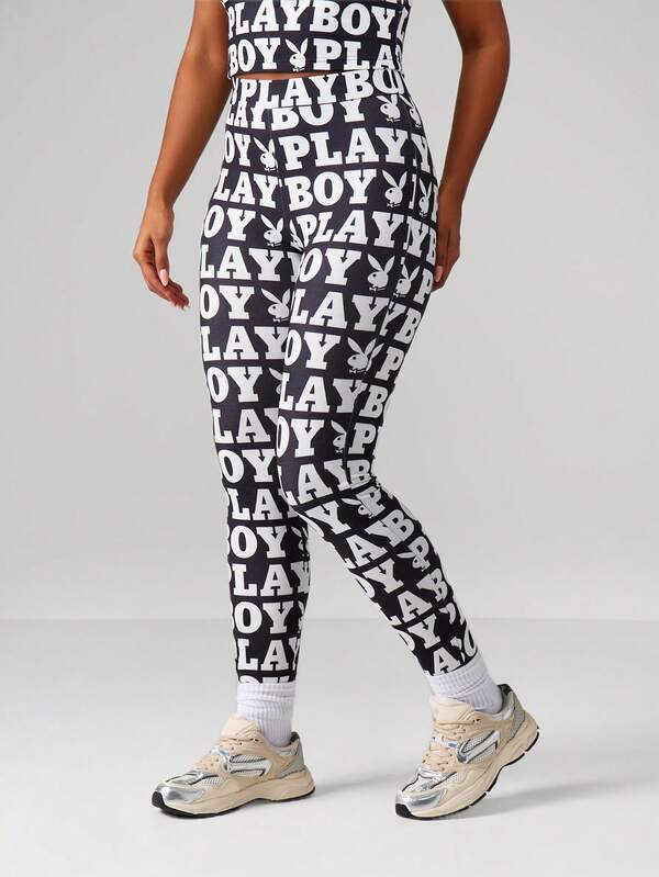 Missguided x Playboy MISSGUIDED High Rise Leggings With All Over Print
