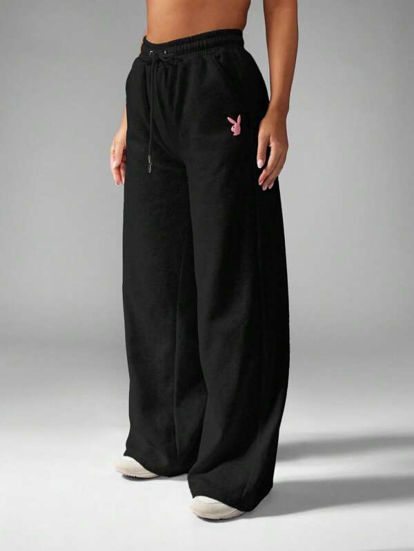 Missguided X Playboy MISSGUIDED High Waist Drawstring Wide Leg Lounge Sweatpants