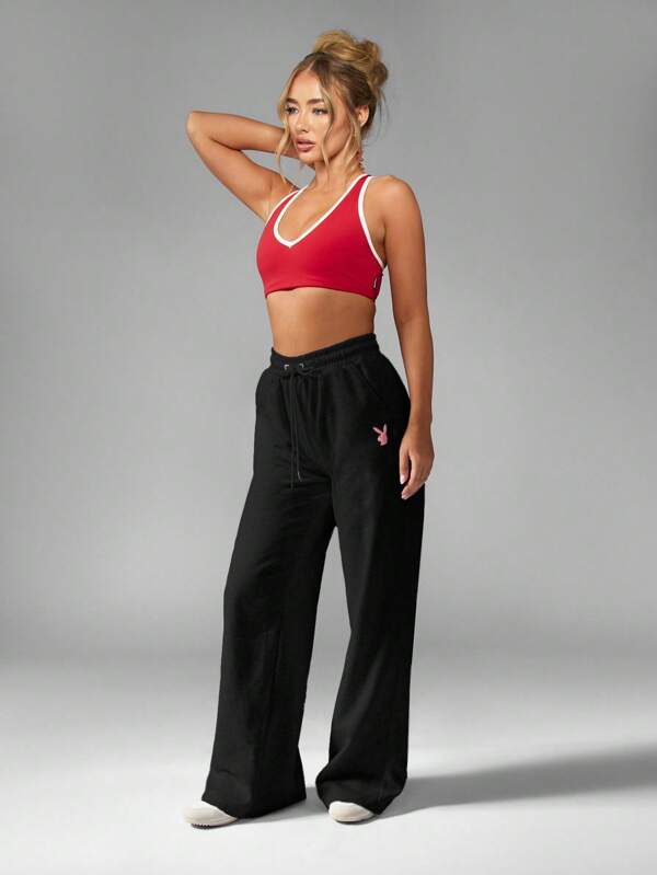 Missguided X Playboy MISSGUIDED High Waist Drawstring Wide Leg Lounge Sweatpants