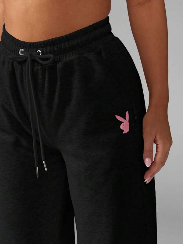 Missguided X Playboy MISSGUIDED High Waist Drawstring Wide Leg Lounge Sweatpants
