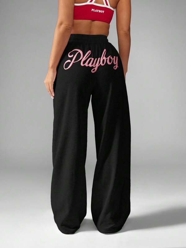 Missguided x Playboy MISSGUIDED High Waist Drawstring Wide Leg Lounge Sweatpants