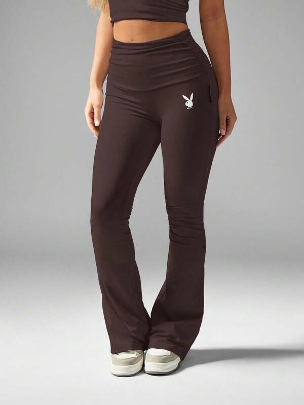Missguided X Playboy MISSGUIDED High Waisted Flared Leggings With Folded Waistband