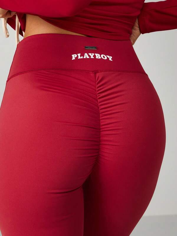 Missguided X Playboy MISSGUIDED High Waisted Ruched Leggings With Logo