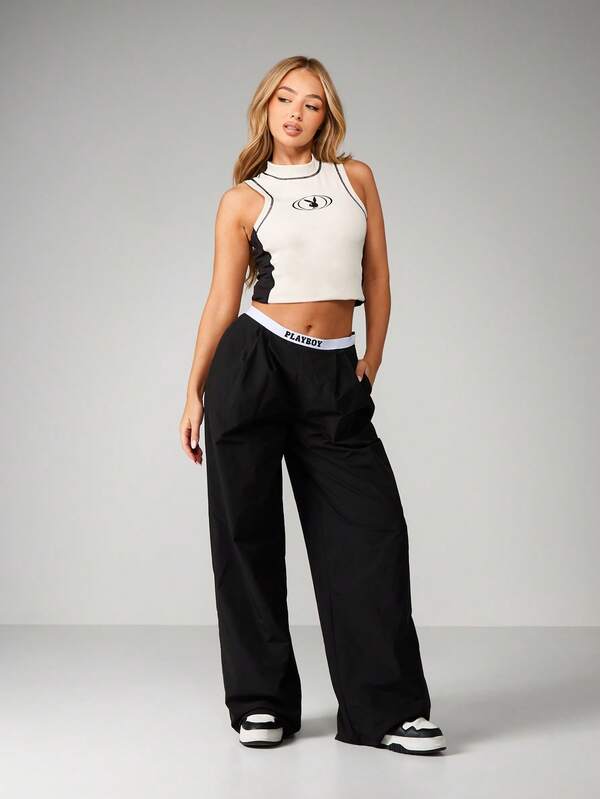 Missguided X Playboy MISSGUIDED High Waisted Wide Leg Woven Pants
