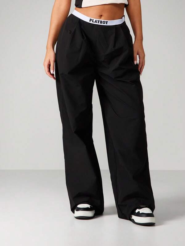 Missguided x Playboy MISSGUIDED High Waisted Wide Leg Woven Pants