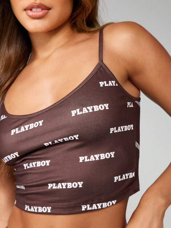 Missguided X Playboy MISSGUIDED Logo Print Cami Top And Booty Shorts Set