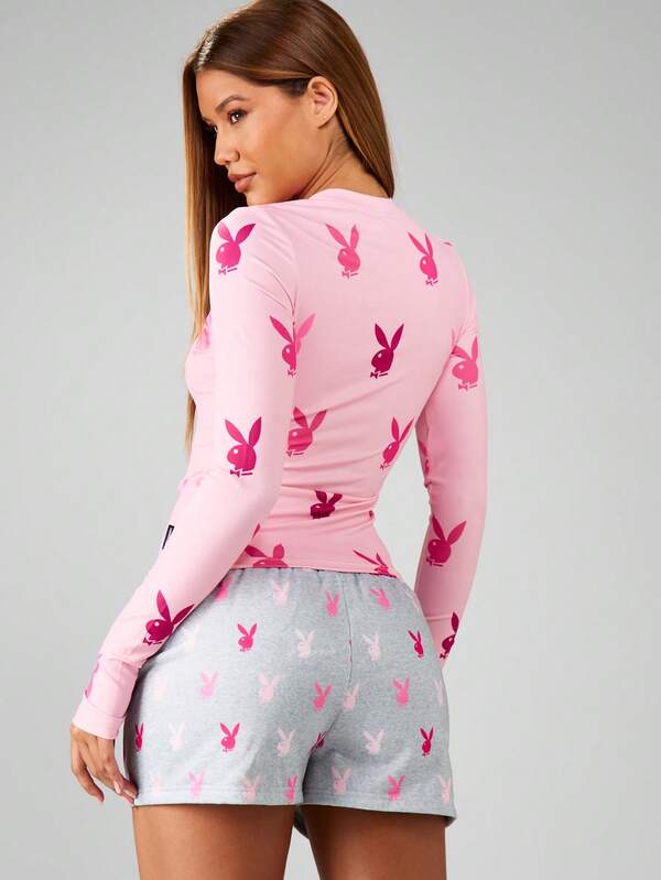 Missguided X Playboy MISSGUIDED Long Sleeve Crop Top With Bunny Print