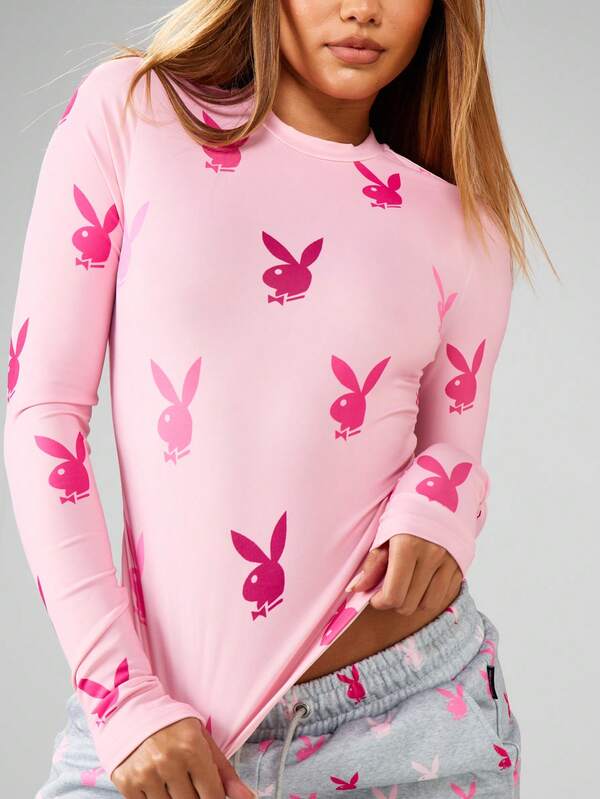 Missguided X Playboy MISSGUIDED Long Sleeve Crop Top With Bunny Print