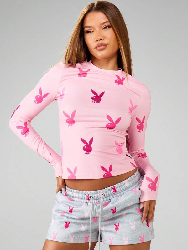 Missguided X Playboy MISSGUIDED Long Sleeve Crop Top With Bunny Print