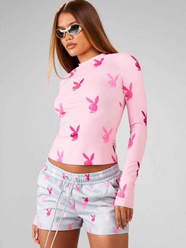 Missguided x Playboy MISSGUIDED Long Sleeve Crop Top With Bunny Print