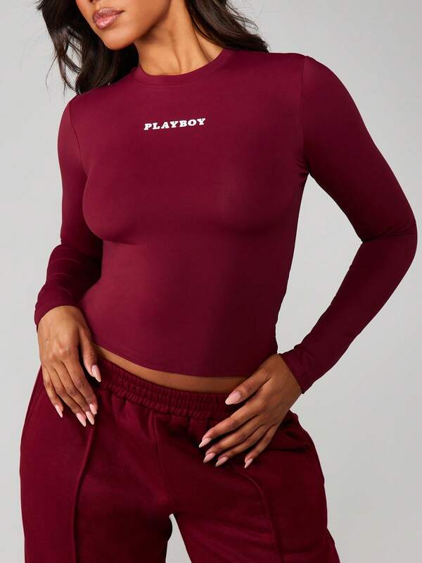 Missguided X Playboy MISSGUIDED Long Sleeve Fitted Top With Text Print