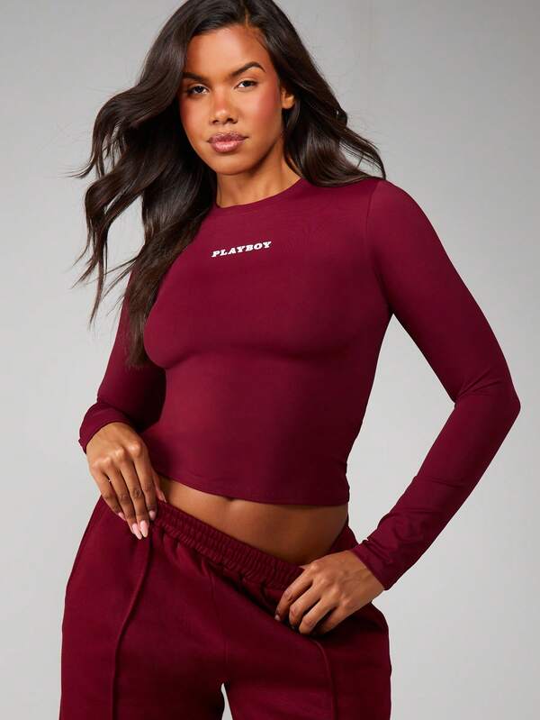 Missguided x Playboy MISSGUIDED Long Sleeve Fitted Top With Text Print