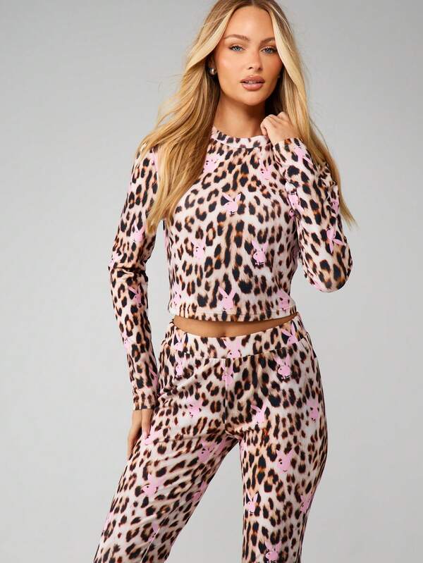 Missguided X Playboy MISSGUIDED Long Sleeve Leopard Print Lounge Set