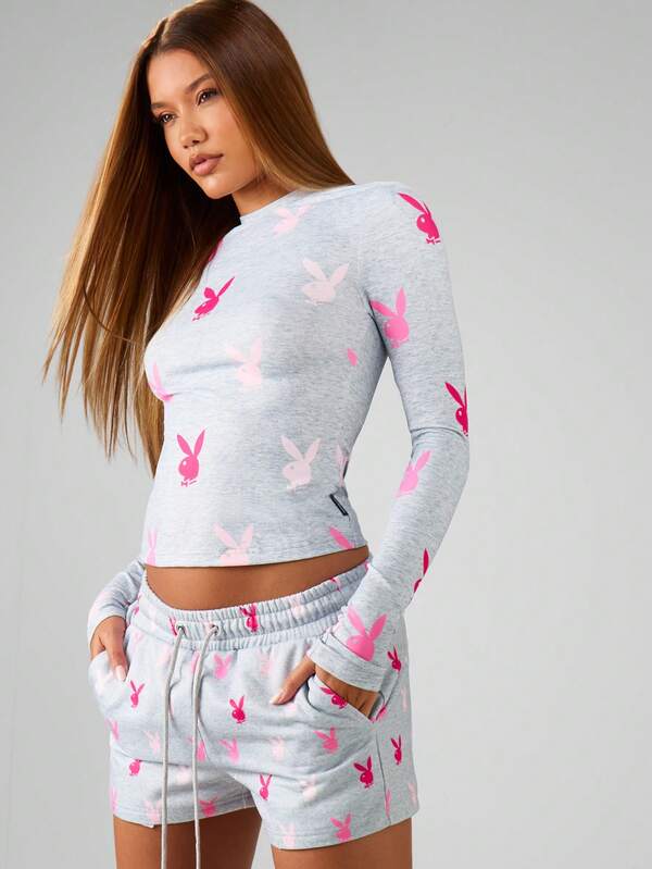 Missguided x Playboy MISSGUIDED Long Sleeve Top With Bunny Print