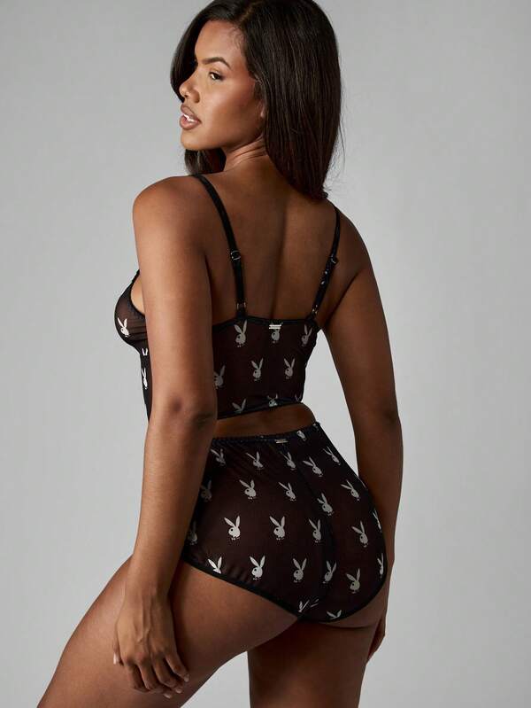 Missguided X Playboy MISSGUIDED Mesh Bra And Panty Set With Bunny Print