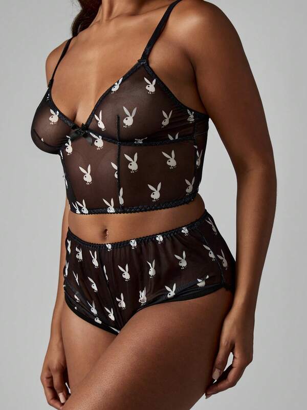 Missguided X Playboy MISSGUIDED Mesh Bra And Panty Set With Bunny Print