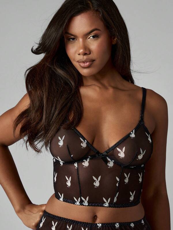 Missguided X Playboy MISSGUIDED Mesh Bra And Panty Set With Bunny Print