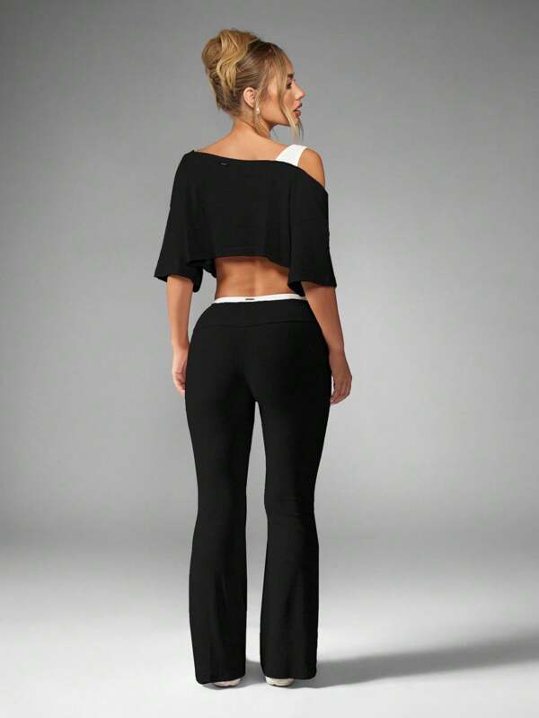 Missguided X Playboy MISSGUIDED Off Shoulder Crop Top And Flared Pants Co Ord