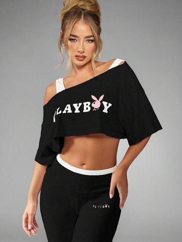 Missguided X Playboy MISSGUIDED Off Shoulder Crop Top And Flared Pants Co Ord