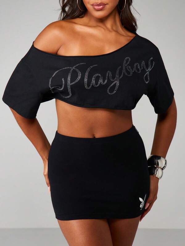 Missguided X Playboy MISSGUIDED Off Shoulder Cropped Top With Diamante Script