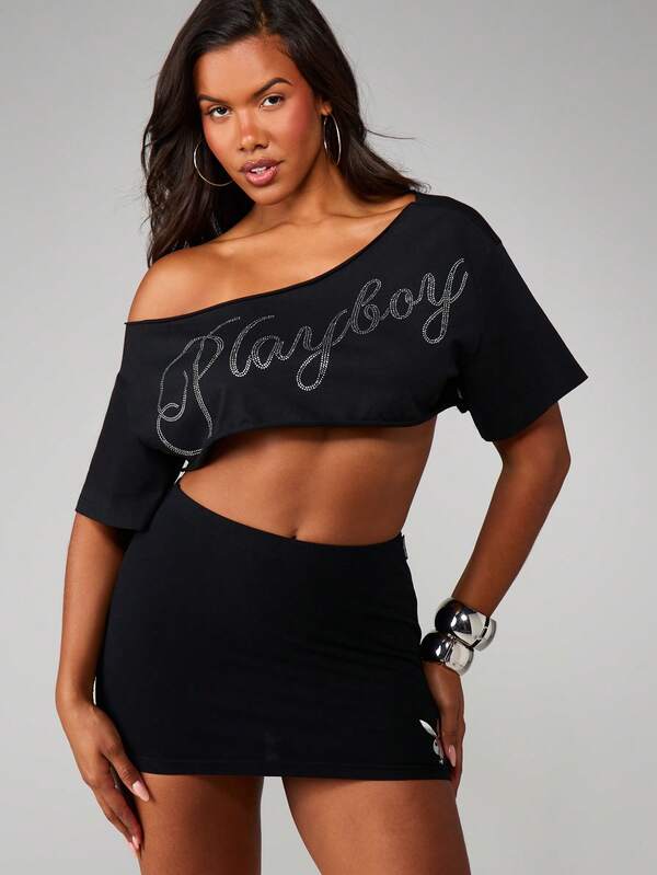 Missguided x Playboy MISSGUIDED Off Shoulder Cropped Top With Diamante Script