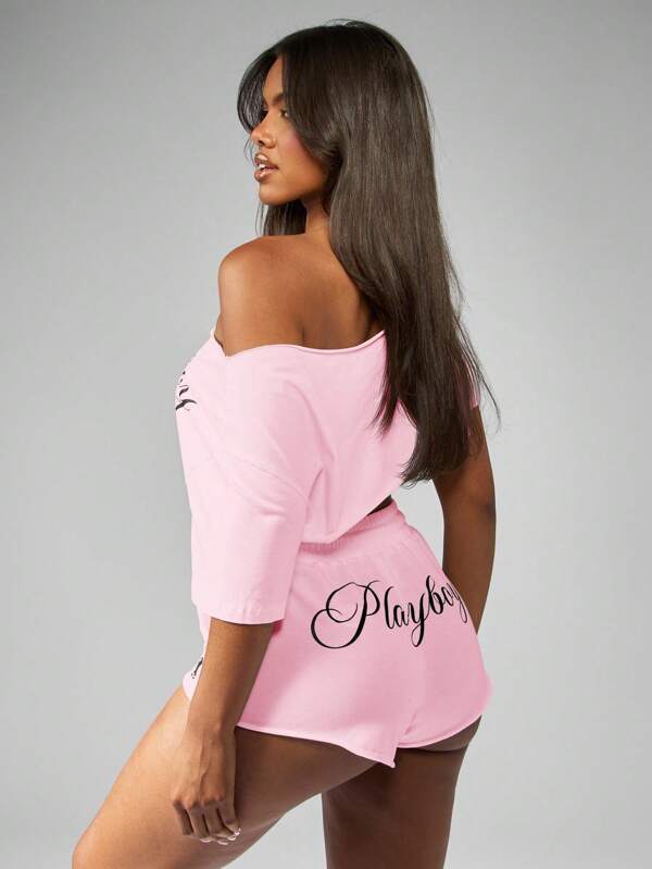 Missguided X Playboy MISSGUIDED Off Shoulder Half Sleeve Crop Top With Script Logo