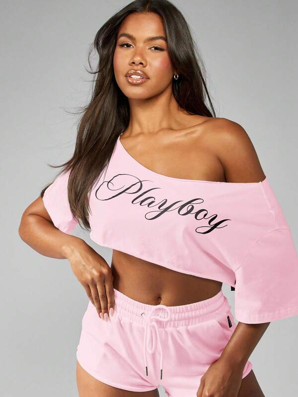 Missguided X Playboy MISSGUIDED Off Shoulder Half Sleeve Crop Top With Script Logo
