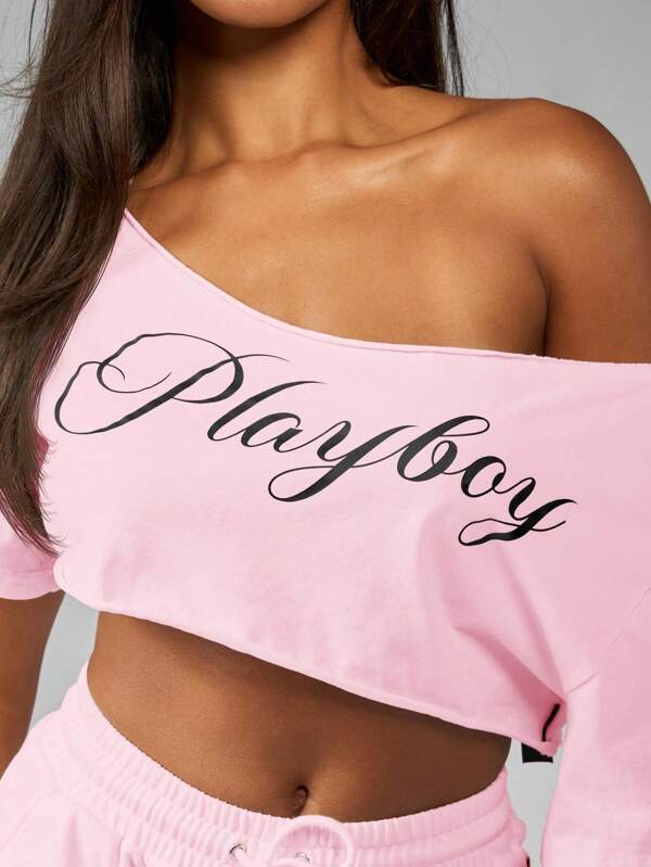 Missguided x Playboy MISSGUIDED Off Shoulder Half Sleeve Crop Top With Script Logo