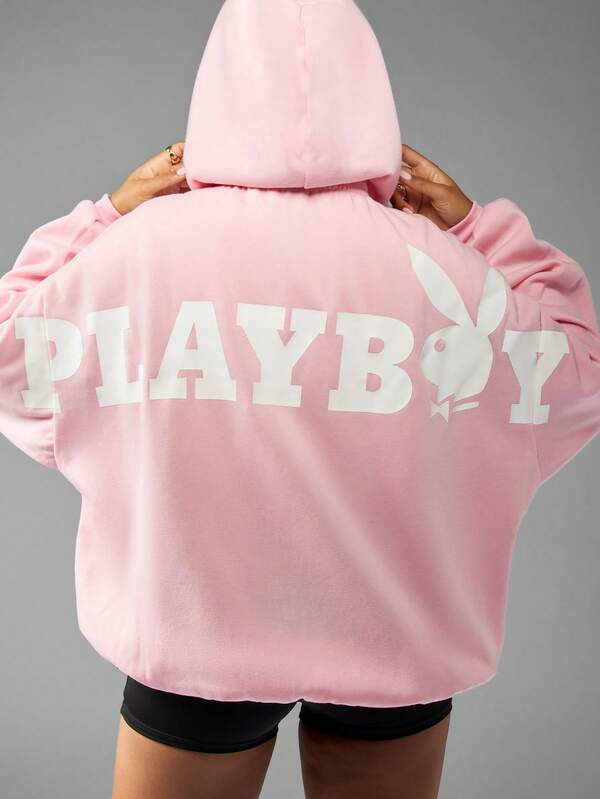 Missguided x Playboy MISSGUIDED Oversized Comfortable Casual Zip Up Hooded Sweatshirt