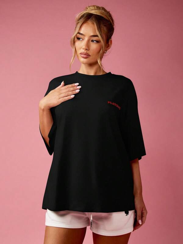 Missguided X Playboy MISSGUIDED Oversized Cotton T Shirt With Statement Graphic