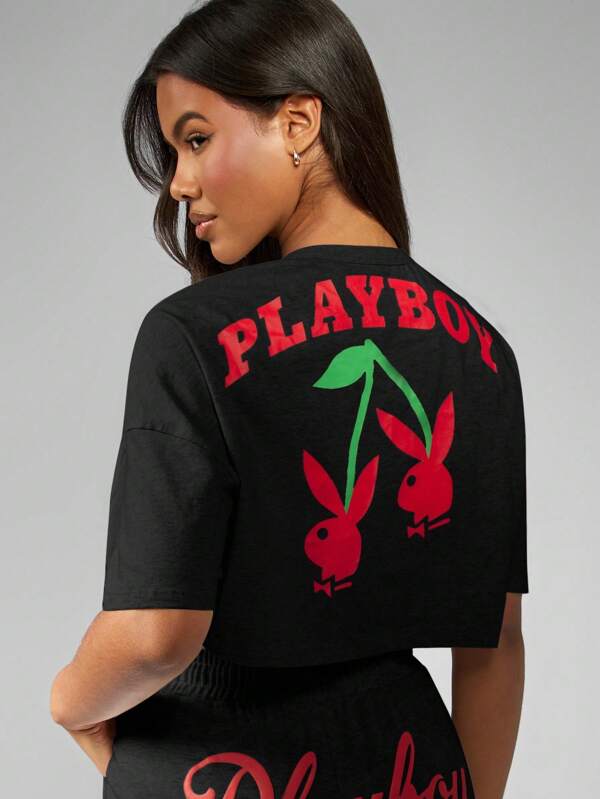 Missguided x Playboy MISSGUIDED Oversized Crop Cherry Print Cotton T-Shirt