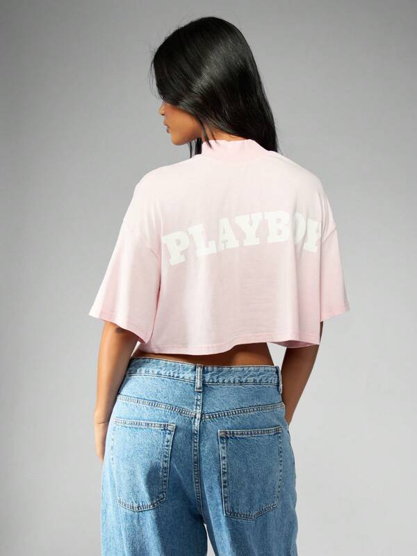 Missguided X Playboy MISSGUIDED Oversized Crop Cotton Casual T-Shirt Fashion Statement With Logo Print