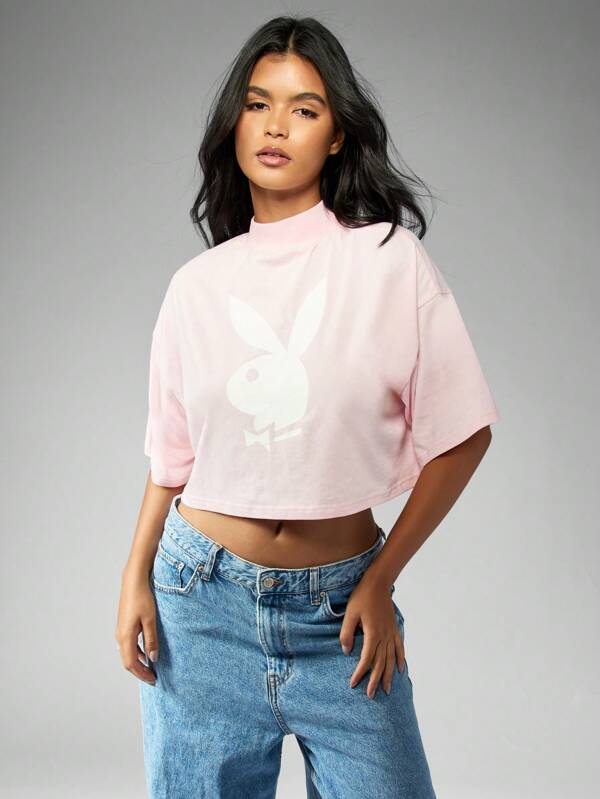 Missguided x Playboy MISSGUIDED Oversized Crop Cotton Casual T-Shirt Fashion Statement With Logo Print