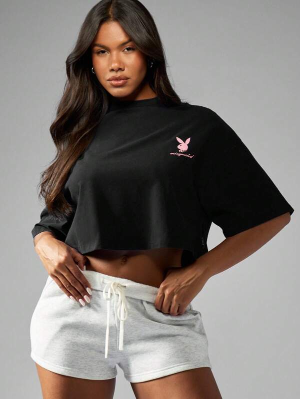 Missguided X Playboy MISSGUIDED Oversized Cropped Short Sleeve Cut Off Graphic Tee With Bunny Logo