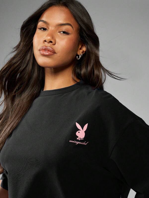 Missguided X Playboy MISSGUIDED Oversized Cropped Short Sleeve Cut Off Graphic Tee With Bunny Logo